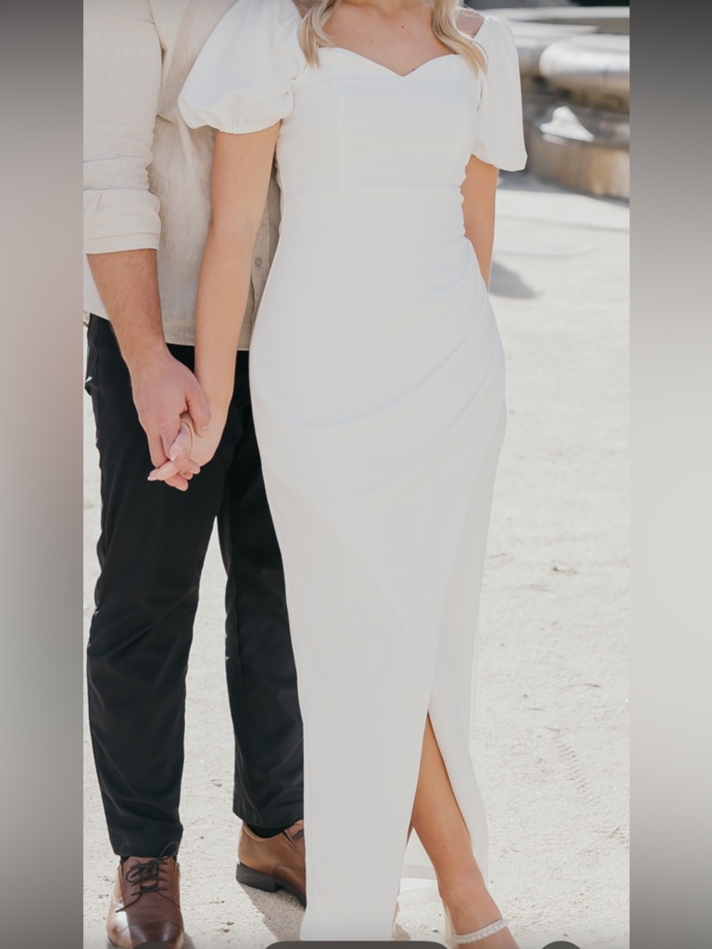 Lulu's Cream Puff-Sleeve Sweetheart Maxi dress with slit.